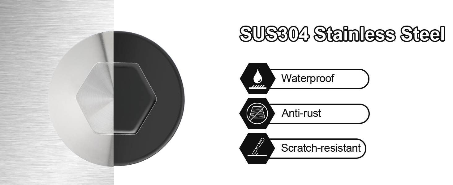 Split circular diagram showing SUS304 Stainless Steel properties, with icons indicating waterproof, anti-rust, and scratch-resistant features.