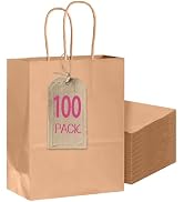 Bakepacker 100-Pack Medium Size Gift Paper Bags with Handles Bulk 10.6"x8.3"x4.3" Brown Party Kra...