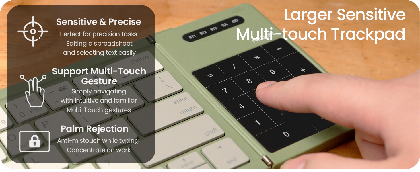 Multi-touch trackpad on foldable keyboard supports scrolling zooming and app switching gestures