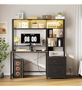 HOOBRO Computer Desk, 47.2" Gaming Desk with Hutch and LED Lights, Home Office Desk with Drawers ...