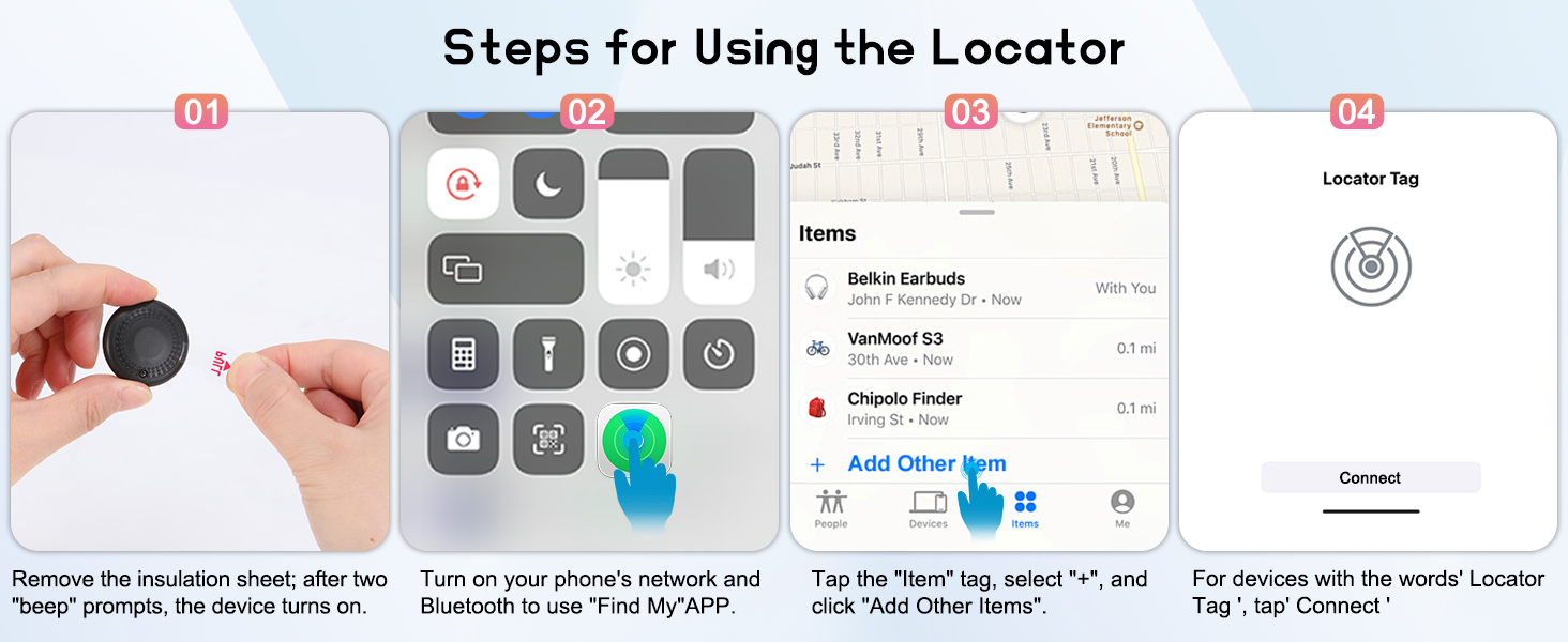 MYIWB Locator Usage Steps: Remove Insulation, Use Find My App, Add Item, Connect