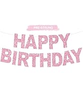 BEISHIDA Pink Happy Birthday Banner - Pre-Strung, No DIY, Birthday Decorations - Happy Birthday S...