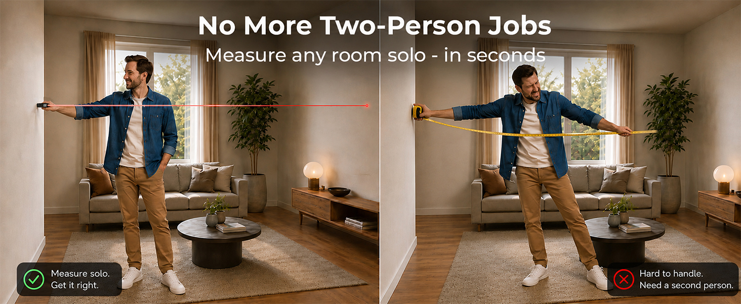 Man measuring a room solo with a laser measure vs. struggling with a floppy tape measure