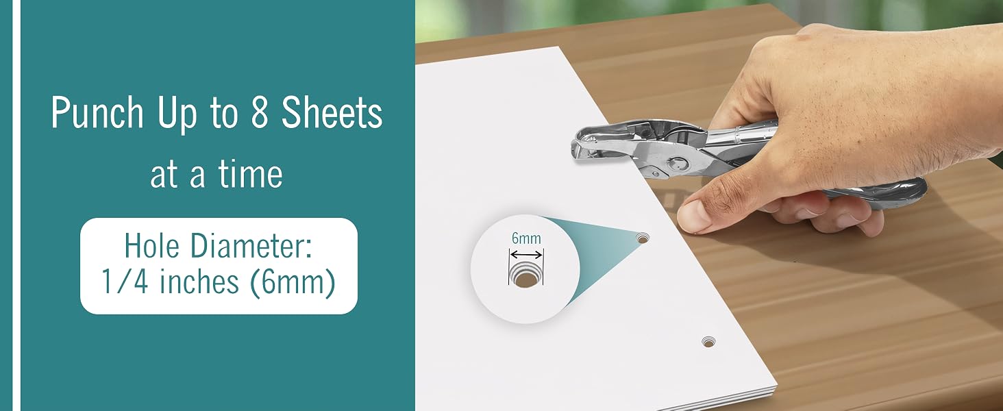 Small Single Hole Punch, 1/4 Inch One Hole Paper Punch with 8 Sheet Capacity