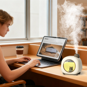 Round humidifier releasing mist on a wooden desk next to a laptop.