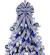Christmas Tree Topper Bow Large Blue Christmas Wreath Bow Tree Topper, Flocking Fabric with White...