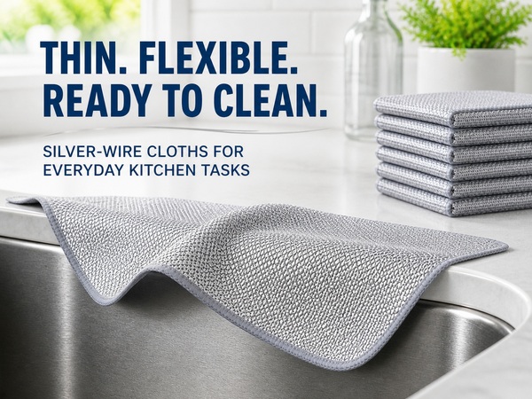 GIUBOG silver-wire cleaning cloths in a modern kitchen.