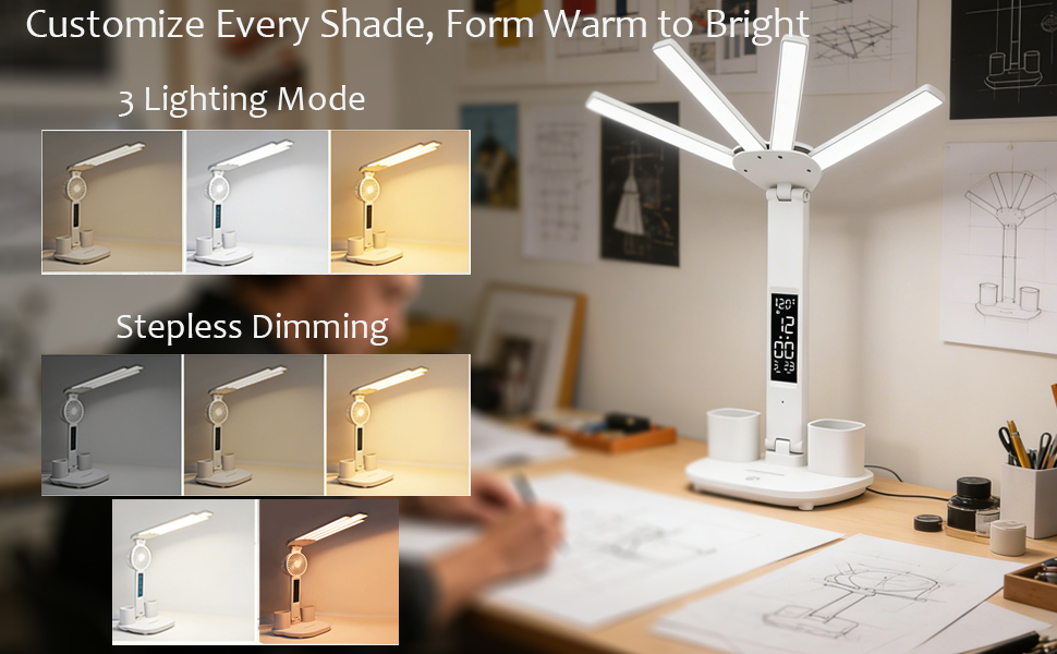 Desk Lamp Dimmable Office Desk Light with Clock