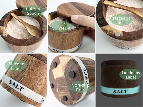 ThougrLyh Acacia Wood Salt Cellar with Swivel Lid and Built-in Spoon for Countertop Spice Storage