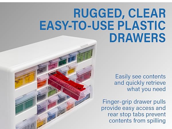 Clear drawers - easily see contents. Drawer pulls provide easy access. Rear tabs prevent spills.