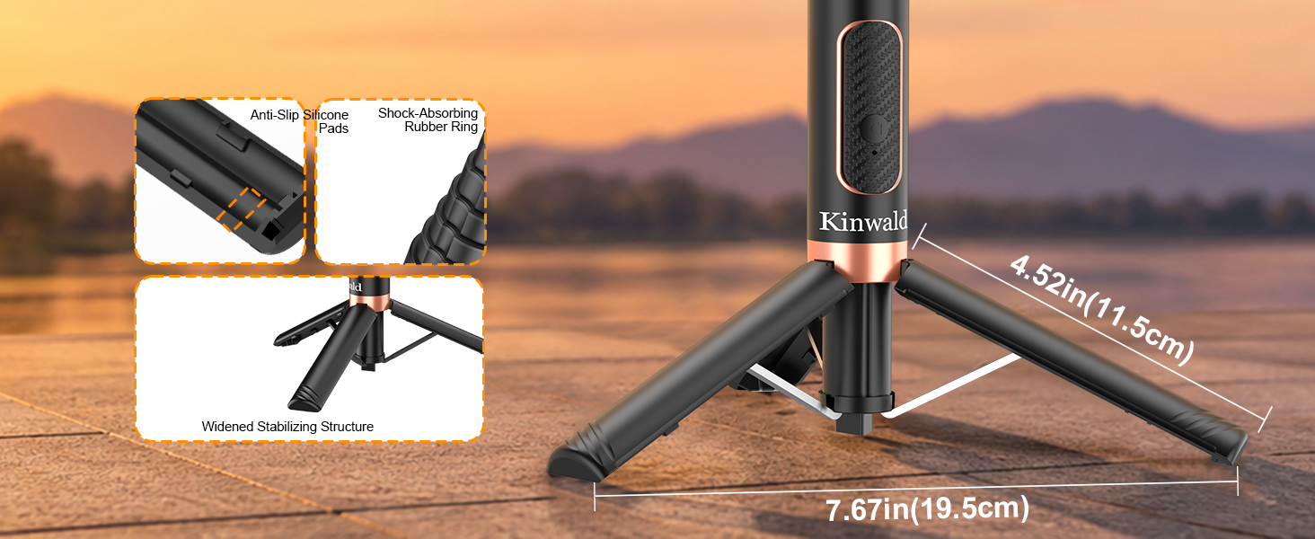 Selfie stick tripod with widened stable base and anti-slip feet