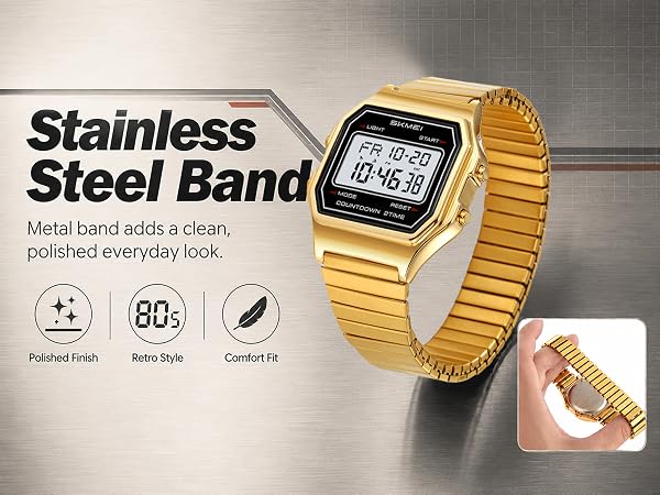 Flexible gold steel watch band, polished finish, lightweight classic digital wristwatch