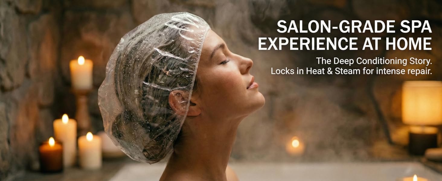 Luxury beauty consumer using shower cap for salon-grade deep conditioning, locking in heat at home.