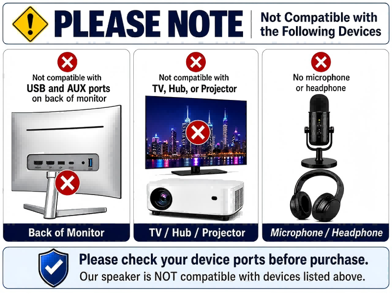 Text reads 'PLEASE NOTE' with compatibility warnings: 'Not Compatible with USB and AUX ports', 'TV, Roku, or Projector', and 'Microphones/Headsets'. Shows USB port, projector, microphone as incompatible devices.