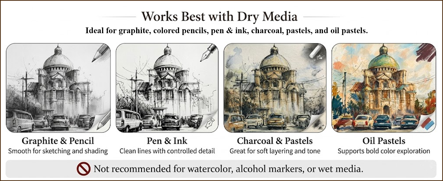 9x12 sketchbook for dry media including graphite pen ink charcoal pastel and oil pastel