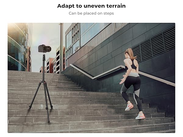 Camera on tripod positioned on concrete steps, demonstrating adaptability to uneven terrain. Text states 'Can be placed on steps'.