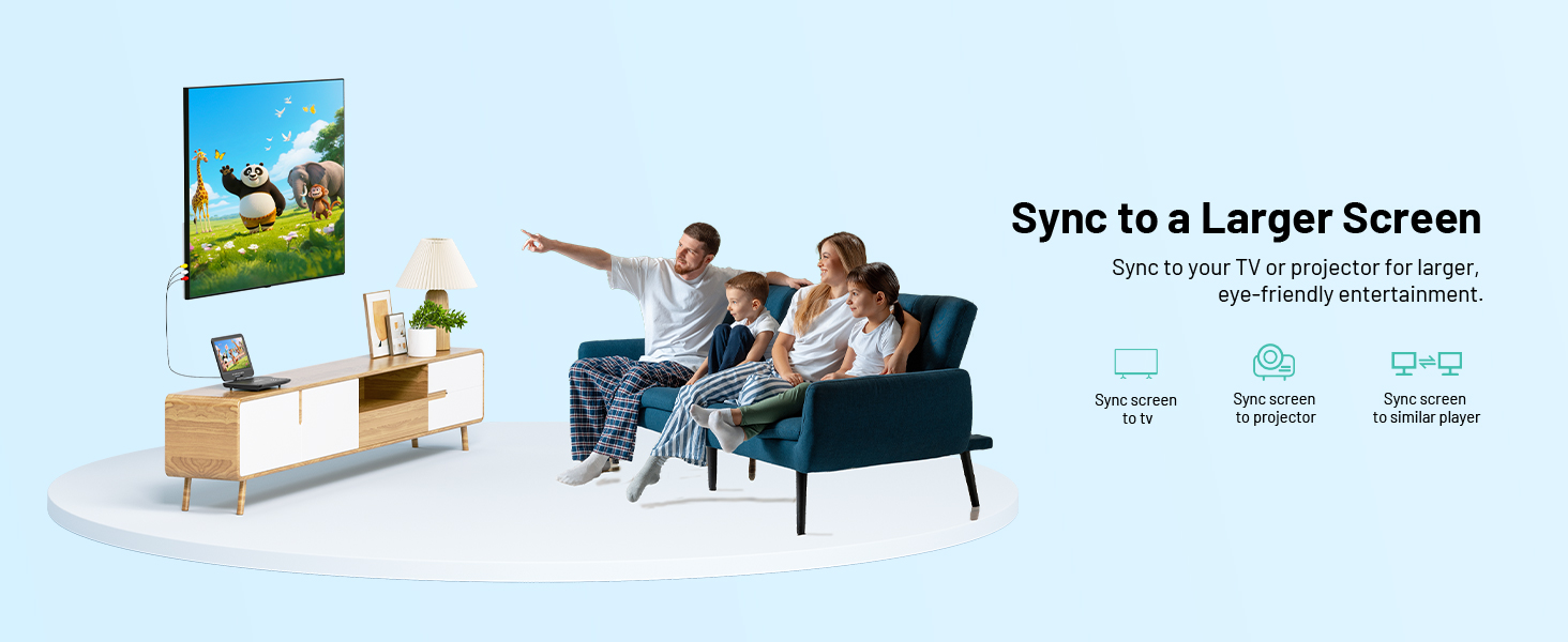 portable dvd player connects to TV, projectors, and other players easily for synchronized playback.