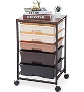 SYKIARIOL Utility Cart with 5 Drawers,Storage Drawer Cart with Wooden Tabletop and Lockable Wheel...