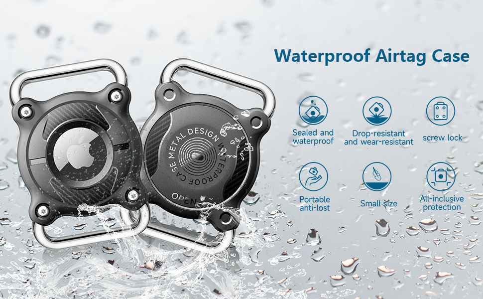 Text reads 'Waterproof Airtag Case'. Product image shows gray protective cases with water droplets, surrounded by feature icons indicating waterproof capabilities.