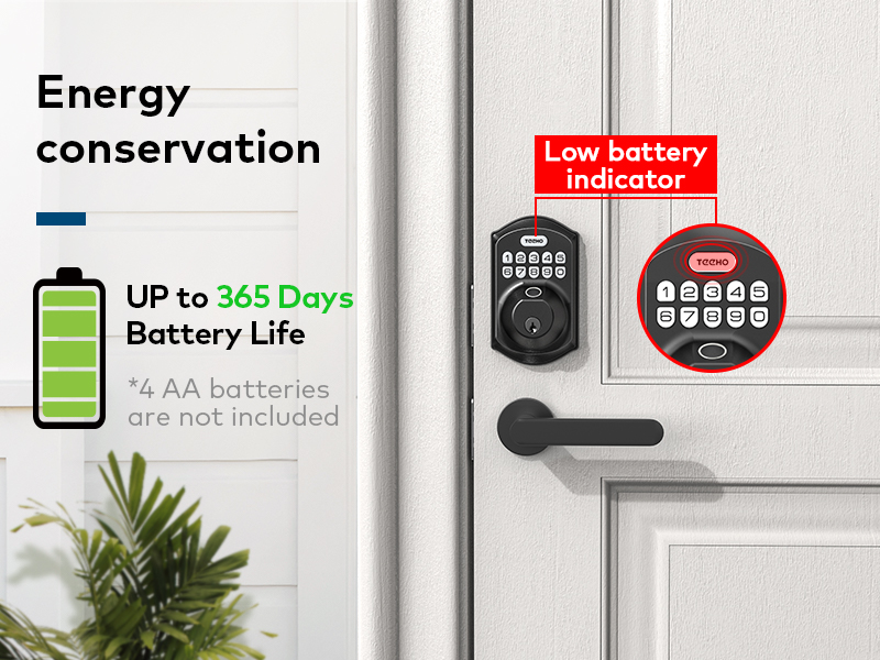 Powered by 4 AA batteries (not included) for up to 365 days, with low-battery alert below 15%