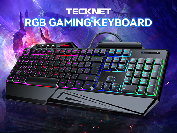 Text reads 'TECKNET RGB GAMING KEYBOARD'. Gaming keyboard with RGB backlit keys displayed against purple cosmic background with light effects and sparks.