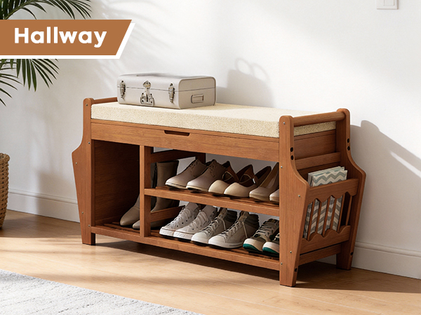 Shoe Bench with 2 Side Holder, 3 Tier Bamboo Entryway Bench with Storage