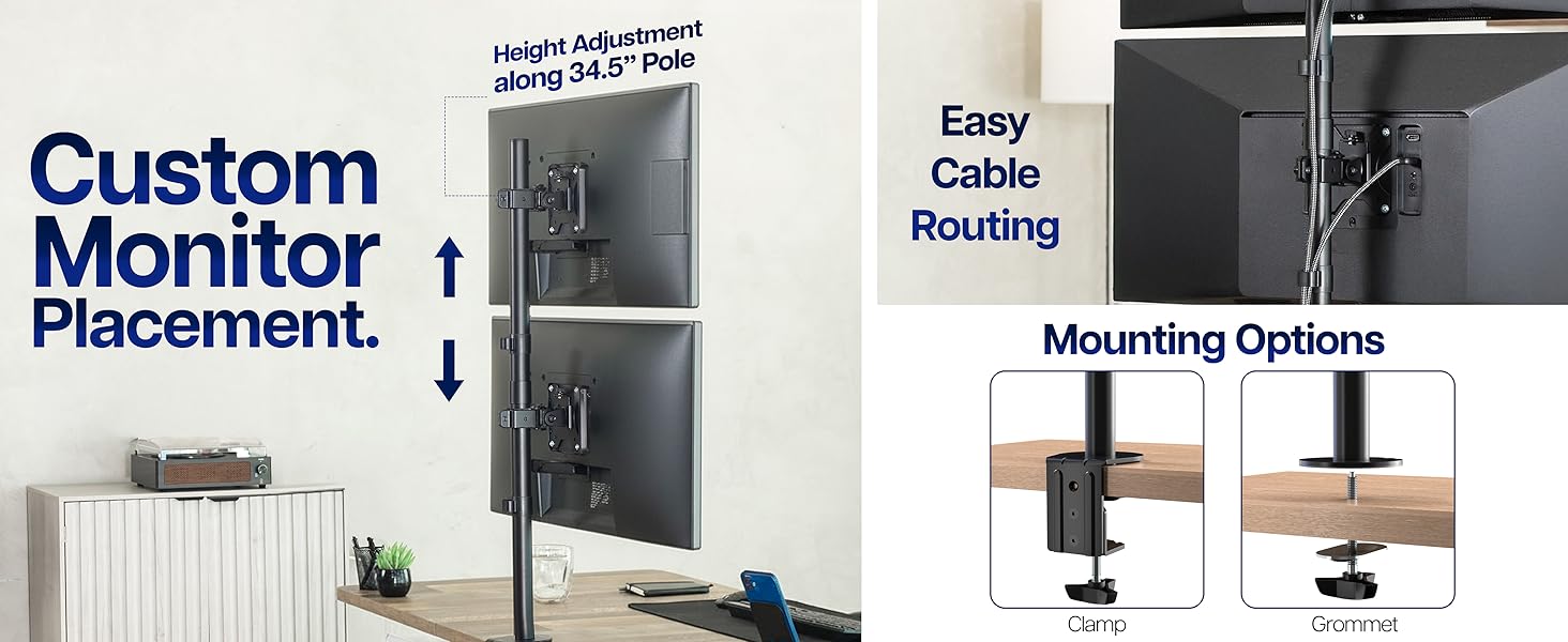 dual monitor mount stacked vertical ultrawide desk mount adjustable VESA clamp stand cable mgmt