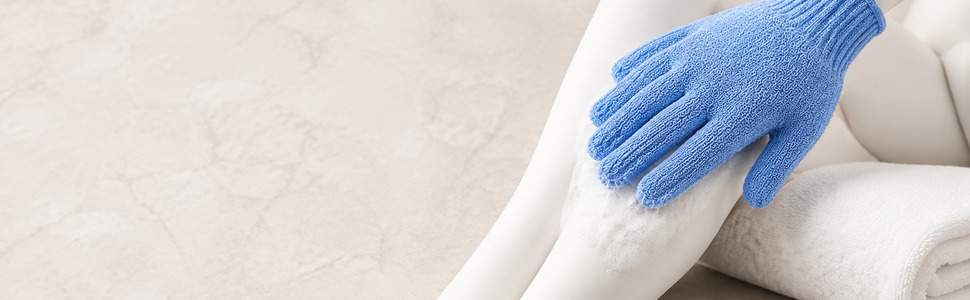 Blue exfoliating glove demonstrated gently on common rough body areas