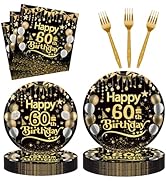 96Pcs 60th Happy Birthday Tableware Set Black Gold Disposable Paper Plates and Napkins with Forks...