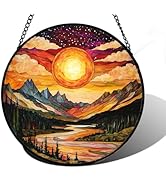 DASTOLL Stained Glass Window Hanging, Dusk Sunset Landscape Sun Catchers Glass Panel Lakes and Mo...