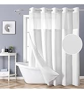 eachope White No Hook Shower Curtain with Snap-in Fabric Liner Set,Slub Textured Fabric Shower Cu...