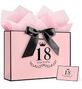 JMANNI 18th Birthday Gift Bag, Pink with Black Satin Bow & Crown Design, Large Happy 18th Birthda...
