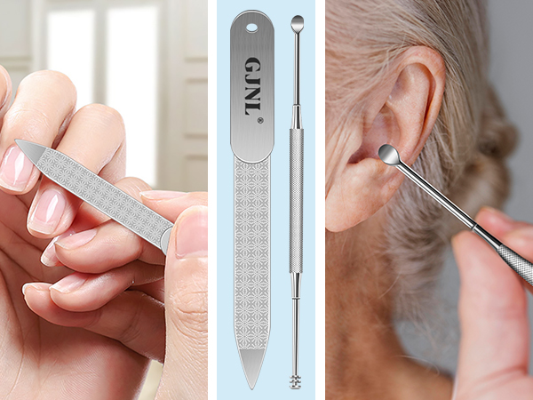 Ear cleaning tool set with metal pick and blue plastic handle. Three panels show tool use: holding, inserting, and cleaning ear.