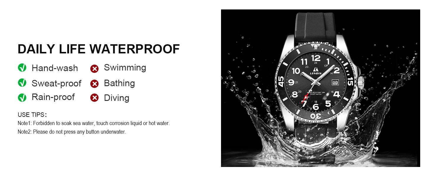 Text reads 'DAILY LIFE WATERPROOF' with activity icons: Handrush, Swimming, Speed-proof, Bathing, Waterproof, Diving. Chronograph sports watch with dark band shown in water spray photography.