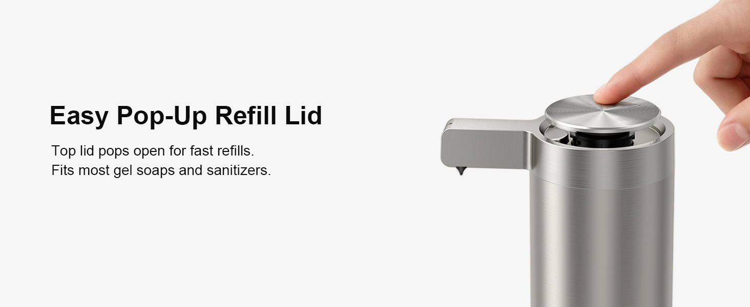 Easy refill soap dispenser with pop up lid, simple to open and fill in seconds.