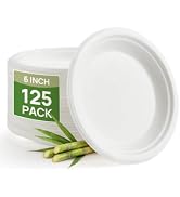 Goodluck 6 Inch White Compostable Sugarcane Paper Plates, 125 Pack | 100% FSC Certified Bagasse P...