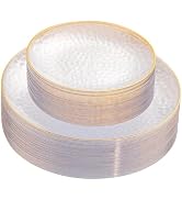 Rubtlamp Plastic Plates, 60Pcs Clear Gold Rim, Heavy Duty, Hammered Design, Disposable Plates for...