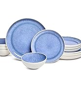 Sango Cove 12-Piece Blue Stoneware Dinnerware Set – Service for 4, Plate & Bowl Set, Blue with a ...