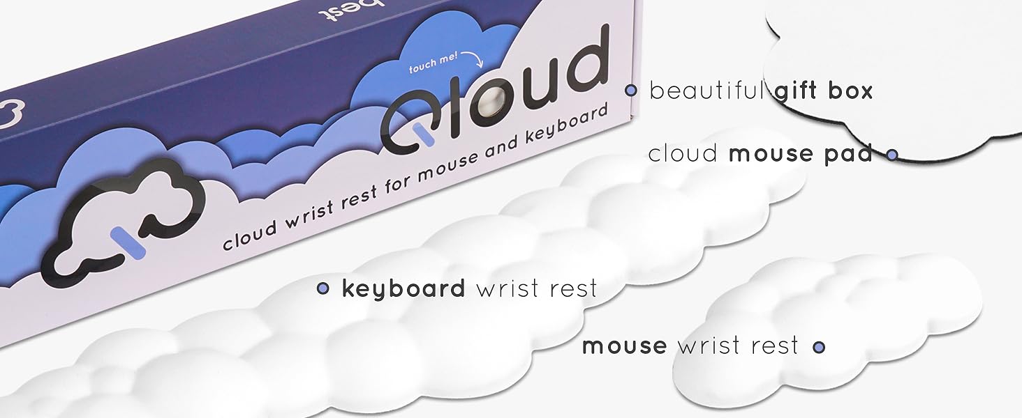 3-in-1 cloud wrist rest set with keyboard pad, mouse rest, mouse pad, and gift box on white