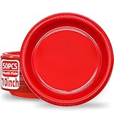 BONSINY Red Plastic Plates Disposable 10 inch | 50 PCS Red Disposable Plates for Party, Picnic, B...
