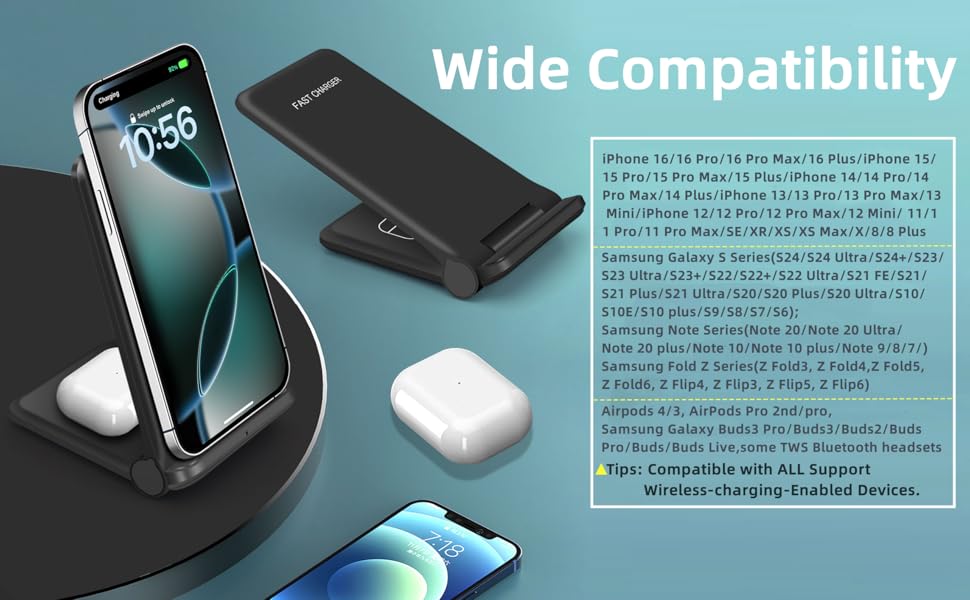 Smartphone stand with adjustable viewing angle, shown with compatibility information and multiple device support details.