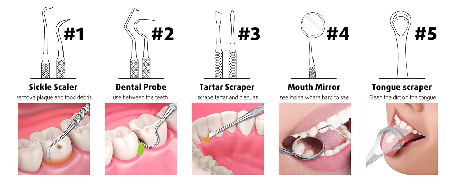 Stainless Steel Dental Cleaning Kit With Dental Picks, Tooth Tartar Scraper, Tongue Scraper, Mirror