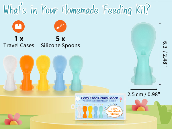 An infographic delineating the complete feeding kit: five silicone spoons with a travel case.