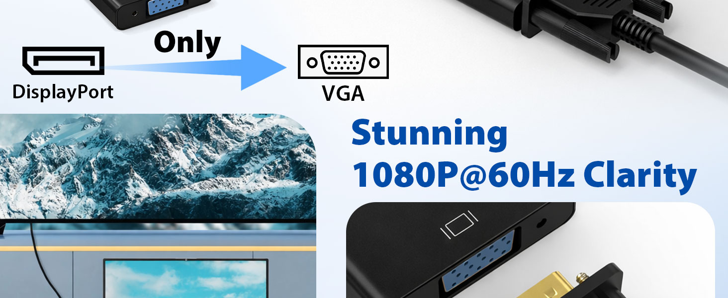 Connect DP Devices to VGA Displays – Easily connect a DisplayPort-equipped laptop