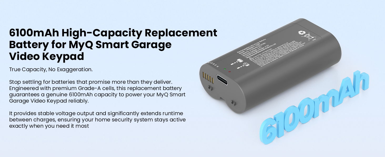6100mah high capacity replacement battery usb c fast charging port for myq smart garage video keypad