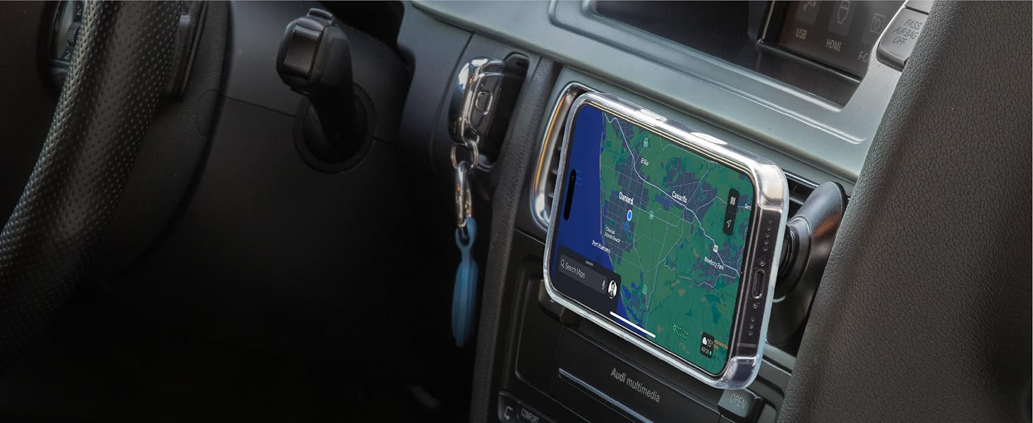 Air vent phone holder for car with a compact clip MagSafe car mount keeps dashboard surfaces clear