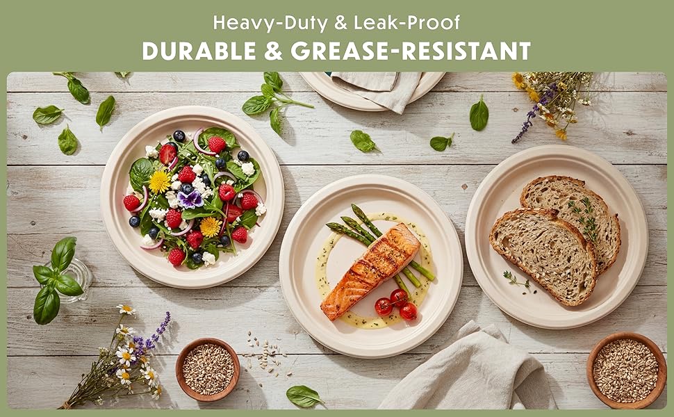 Compostable paper plates made from biodegradable materials for everyday use and parties