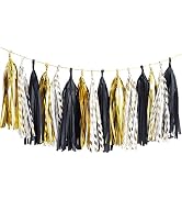 NICROLANDEE Black Gold Graduation Party Decorations 15PCS Tassel Garland | Black Gold Tissue Pape...
