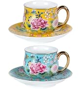 KAMMAK Tea Cups and Saucers Set of 2, Porcelain Coffee Cups, 7.1oz Stackable Espresso Mugs, Ceram...