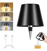 Rechargeable Wireless Bottle Lamp - 3 Color Stepless Dimmable, Metallic Black Lampshade, 5H Brigh...